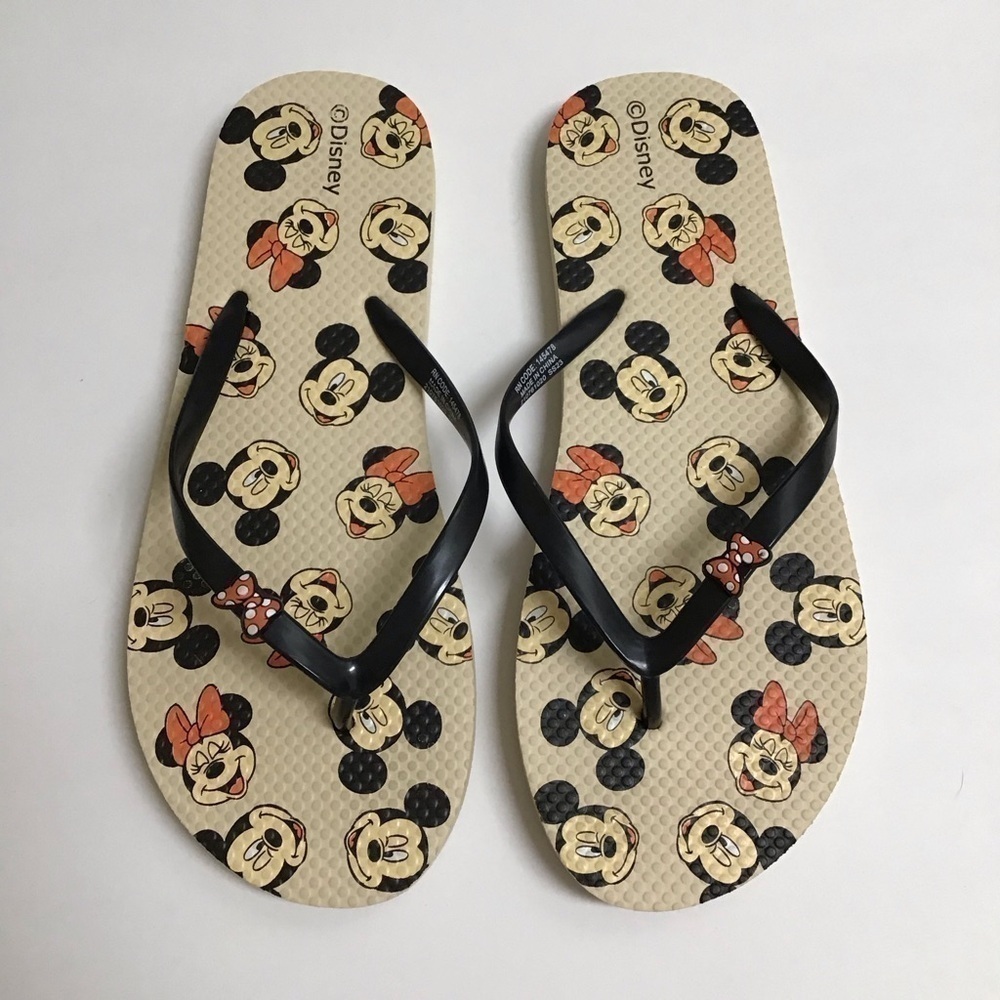 Disney SZ 10 1/2 Flip Flops Women’s Mickey and Minnie Mouse Sandals Red Bows Tan